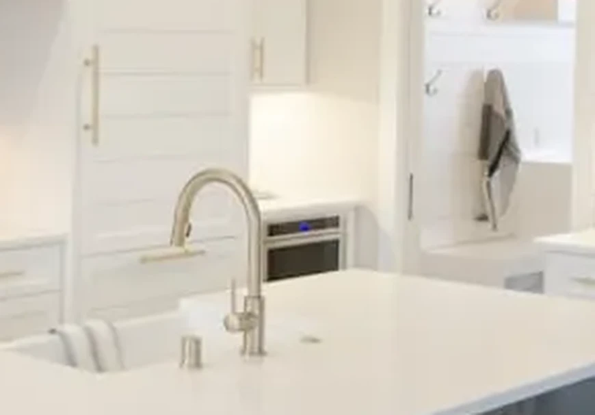 A kitchen island sink with a brushed gooseneck faucet